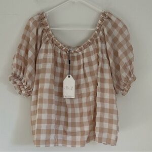 English Factory Beige and White Gingham Puff Sleeve Top